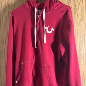 True Religion Red Hoodie with White Label Graphic